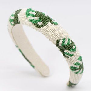 ** Handmade India Seed Bead Monstera Leaf Printed Head band ** Padded headband